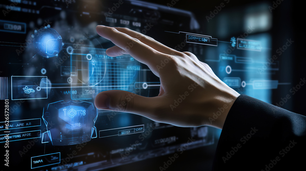 Fototapeta premium hand pushing a button on a touch screen interface