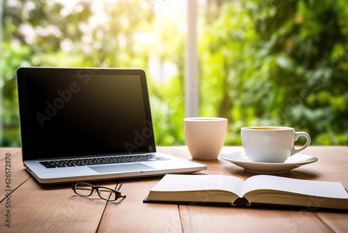 Laptop with cup of coffee and book