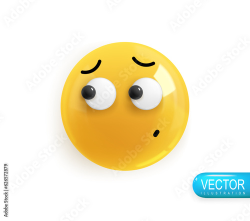 Emoji face messed up and repents. Realistic 3d design. Emoticon yellow glossy color. Icon in plastic cartoon style isolated on white background. Vector illustration