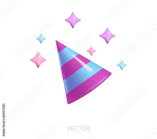 Striped cone hat with stars near, birthday festive celebration headdress accessory. Realistic 3d icon vector