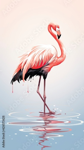 Colorful illustration of a pink flamingo dirt with oil standing in water. Cream background. Studio light. Generative Ai.