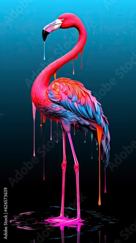Colorful illustration of a rainbow flamingo standing in a black oil slick. Cream background. Studio light. Generative Ai.