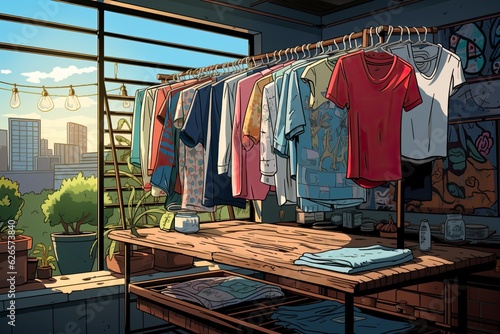Colorful Illustration of T-shirts hanging on a pole. Generative Ai. © aiAnxiety