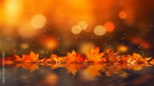 Autumn maple leaves in puddle on bokeh background