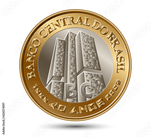 Commemorative "One Real" Brazilian coin, "Forty years Central Bank (2005)" isolated on white background. Vector illustration.