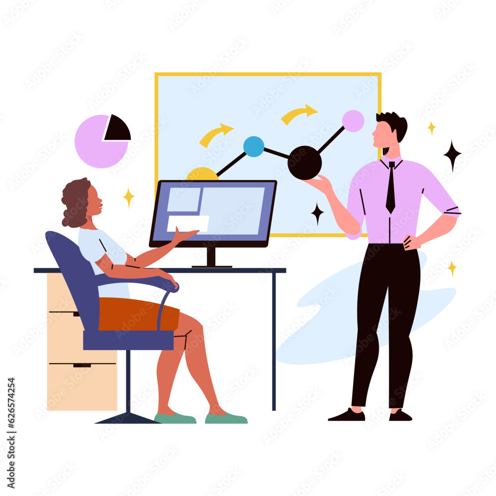 Fototapeta premium A man presenting sales chart to other emplyee. Businessman and businesswoman working together at office. Flat vector illustration.