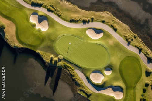 Aerial Drone View of Golfers Putting on Moen Island. Photo generative AI photo