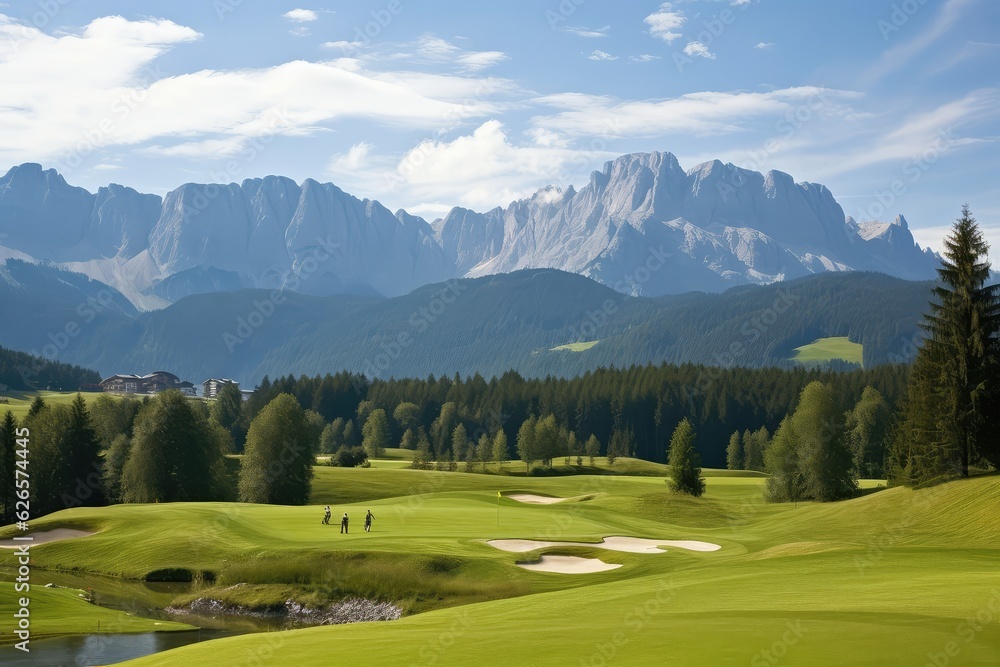 Golf course at the foot of the mountains. Photo generative AI