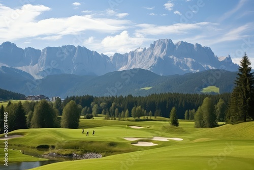 Golf course at the foot of the mountains. Photo generative AI