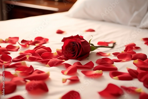 Rose on the bed in a hotel room. Rose and its petals on the bed for a romantic evening with bokeh effect