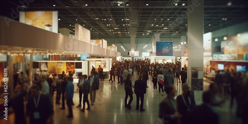 Vibrant Atmosphere in a Massive Exhibition Hall with Numerous Visitors and Stands - AI generated photo