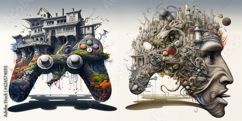 Game controller, House, Fusion, Integration, Creative, Imaginative, Unity, Combined, Merge, Blend, Black game controller, Tree roots, Face, Unique, Handle, Technology, Gaming, Console, Device, Enterta photo