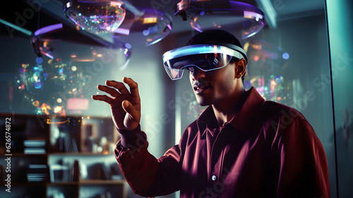  Futuristic image featuring a person wearing sleek augmented reality glasses, engaging with a stunning array of virtual objects in a seamlessly integrated environment. Topic of research and IT science
