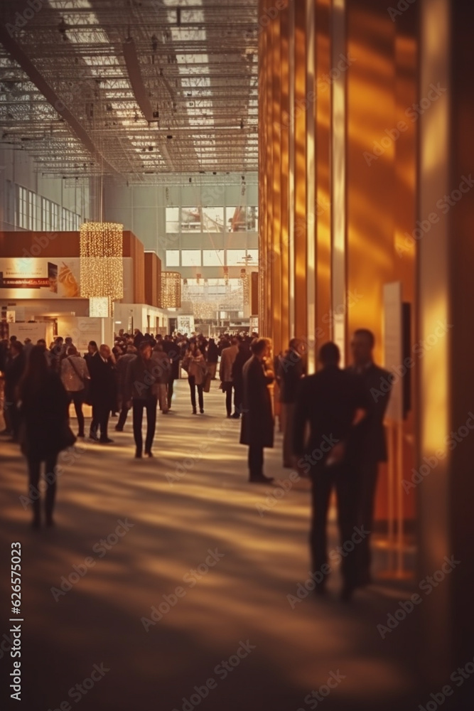 Vibrant Atmosphere in a Massive Exhibition Hall with Numerous Visitors and Stands - AI generated