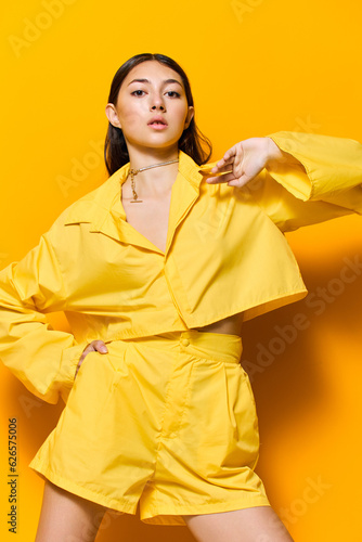 attractive woman model lifestyle girl fashion beautiful studio trendy yellow young
