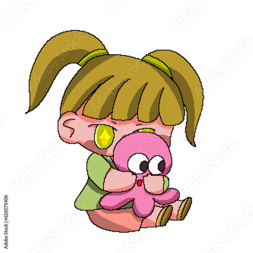 girl hugging a pink octopus doll