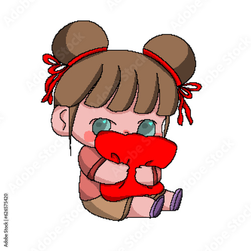 girl hugging a red pillow