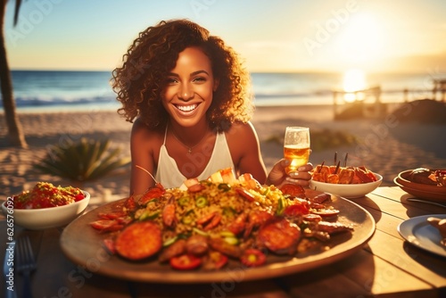 Happy Young Woman in Spanish Restaurant Close to Beach Generative AI