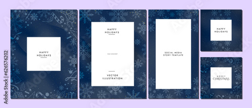 Merry Christmas and Happy Holiday Greeting Cards, social media story, and Poster on blue gradient background and soft white Christmas elements. Elegant Christmas Template designs. Vector Art.