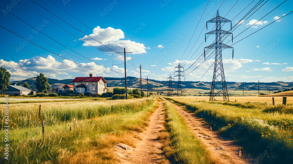 high-voltage tower and power lines ina rural landscape