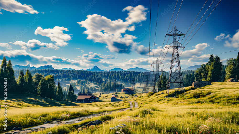 high-voltage tower and power lines ina rural landscape