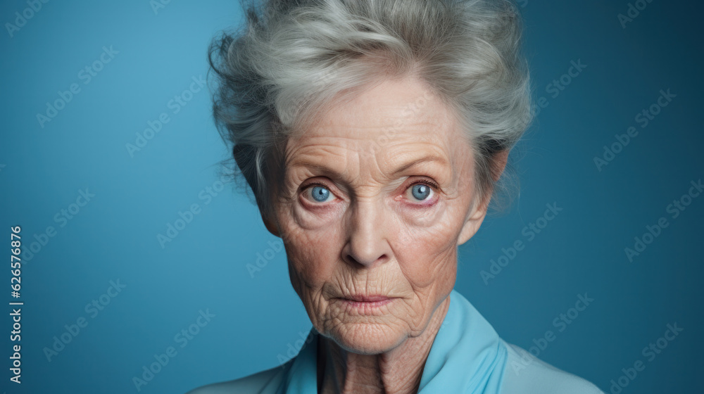 Senior grey-haired blue eyes woman skeptic and nervous, disapproving expression on face on blue background. Senior grey-haired blue eyes woman skeptic and nervous, disapproving expression on face on blue background.