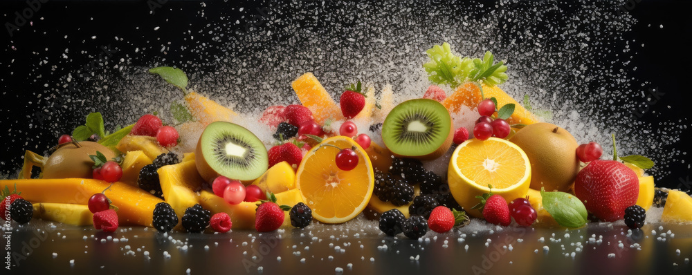 Fresh fruits, rapsberries, oranges, kiwis, apples, and grapes - in a splash of water. wide banner