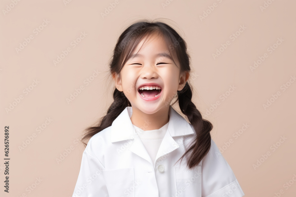 Little asian girl standing on pastel background, laughing out loud, wearing white nurse uniform Little asian girl standing on pastel background, laughing out loud, wearing white nurse uniform