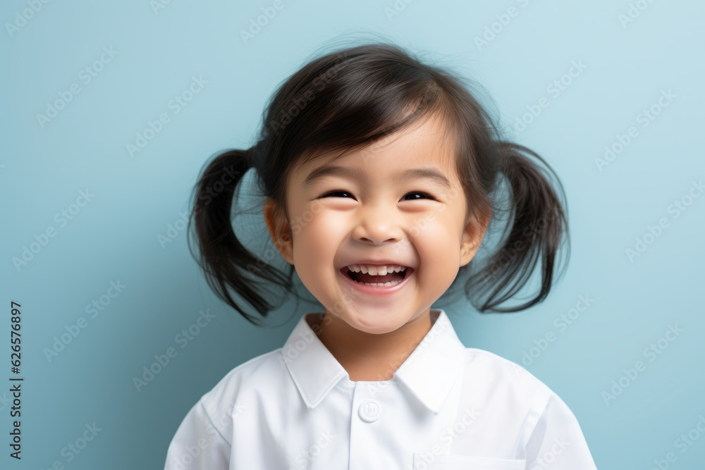 Little asian girl standing on pastel background, laughing out loud, wearing white nurse uniform Little asian girl standing on pastel background, laughing out loud, wearing white nurse uniform