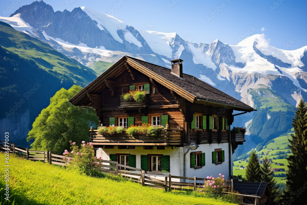 Swiss chalet nestled in the Alps, capturing the charm of Alpine architecture. Wooden house with steeply pitched roofs and mountains in background - obrazy, fototapety, plakaty 