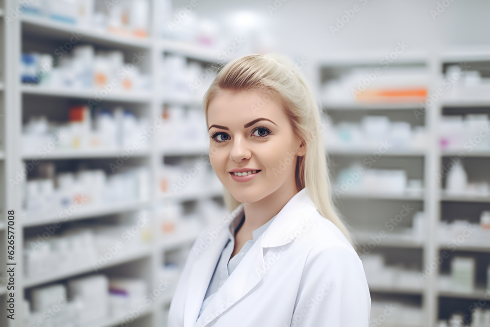 Young Blonde Woman Pharmacy Worker in a Workplace, Women Pharmacist Day: AI Generated