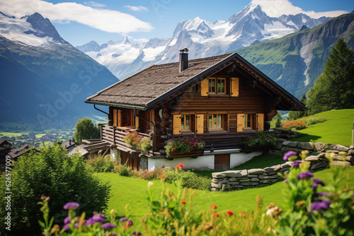 Swiss chalet nestled in the Alps, capturing the charm of Alpine architecture. Wooden house with steeply pitched roofs and mountains in background © Keitma