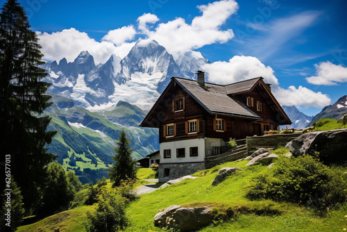 Swiss chalet nestled in the Alps, capturing the charm of Alpine architecture. Wooden house with steeply pitched roofs and mountains in background © Keitma