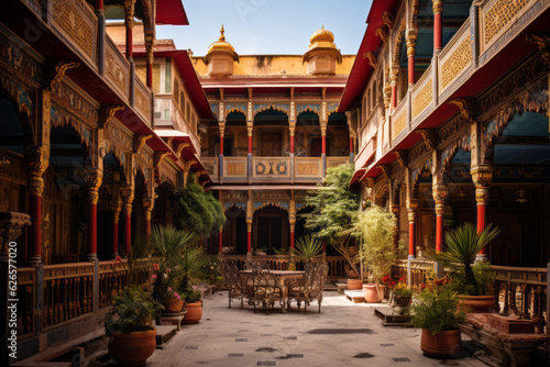 View of an Indian haveli a grand mansion house with intricate carved wooden facades and courtyard showcasing the rich architectural heritage of India.