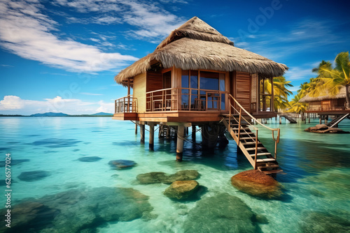 Floating house on the waters of a tropical lagoon, architecture of island communities. Wooden house on stilts, with a thatched roof and a spacious view overlooking the turquoise waters