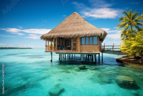 Floating house on the waters of a tropical lagoon  architecture of island communities. Wooden house on stilts  with a thatched roof and a spacious view overlooking the turquoise waters
