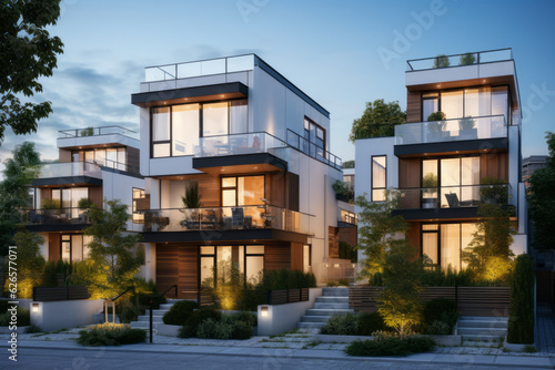 Modern urban townhouse, representing the contemporary architecture of bustling cities. Sleek and stylish house with clean lines, large windows, and rooftop gardens.