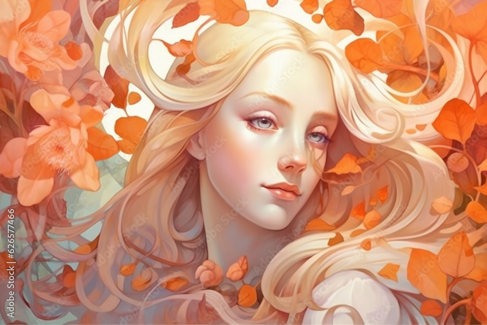 portrait woman beauty colourful flower face tender trend pastel girl dream. Generative AI.
