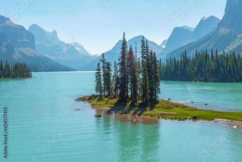 Spirit Island and Maligne Lake with turquoise water colors, Jasper national park, Canada. photo