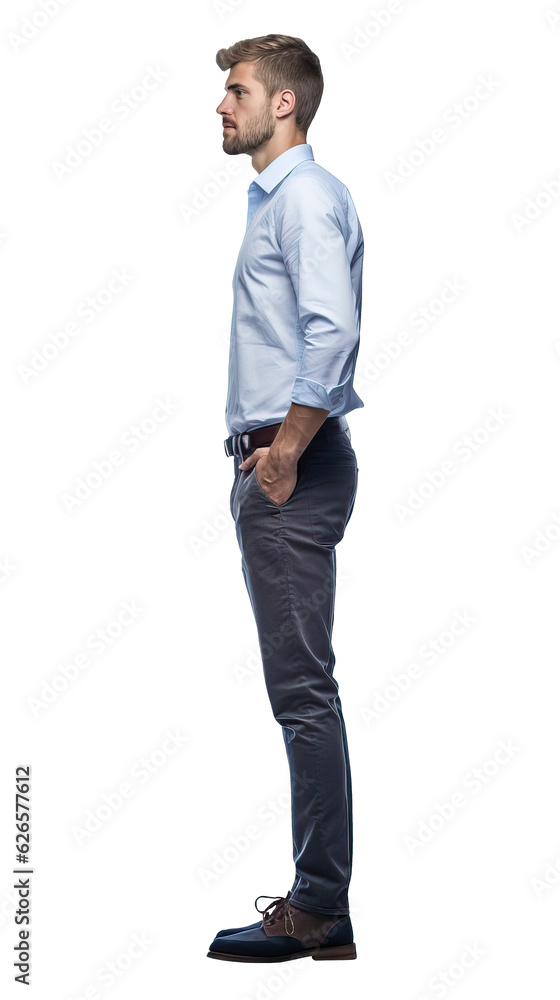 Isolated handsome young man wearing a blue shirt, standing, side view, cutout on transparent background, ready for architectural visualisation. Isolated handsome young man wearing a blue shirt, standing, side view, cutout on transparent background, ready for architectural visualisation.