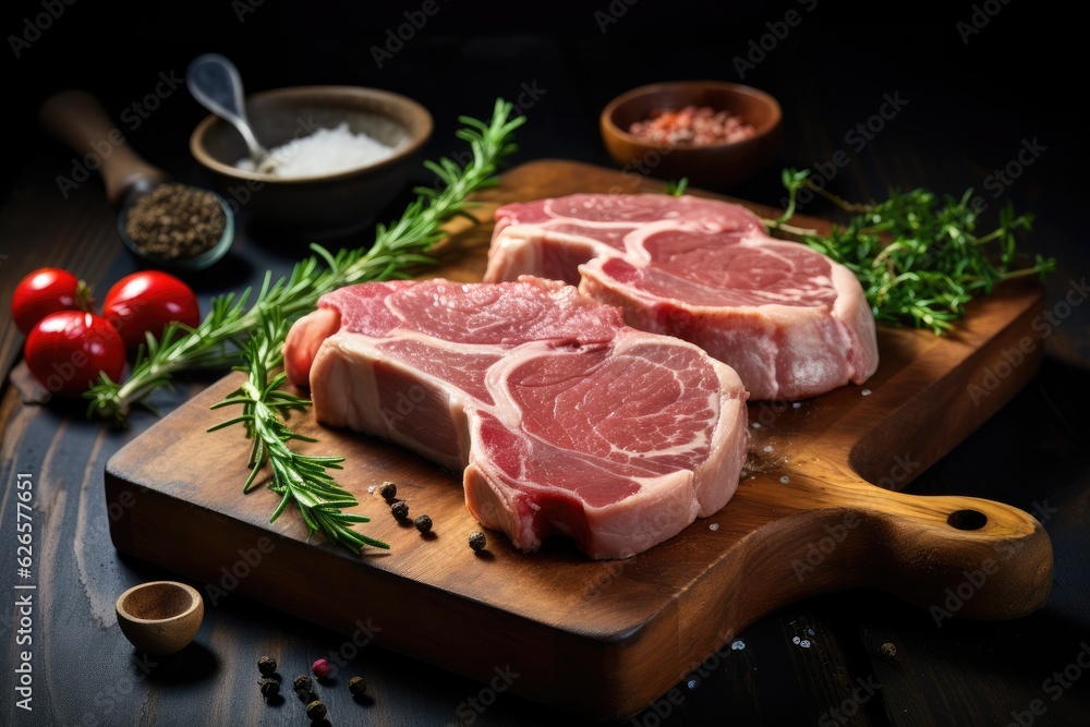 Fresh raw pork chops on a cutting board. Fresh raw pork chops on a cutting board.