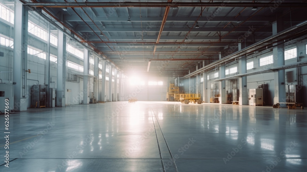 Empty of Modern factory for manufacturing production plant or large warehouse. Polished concrete floor clean condition and space for industry product. Generative Ai Empty of Modern factory for manufacturing production plant or large warehouse. Polished concrete floor clean condition and space for industry product. Generative Ai