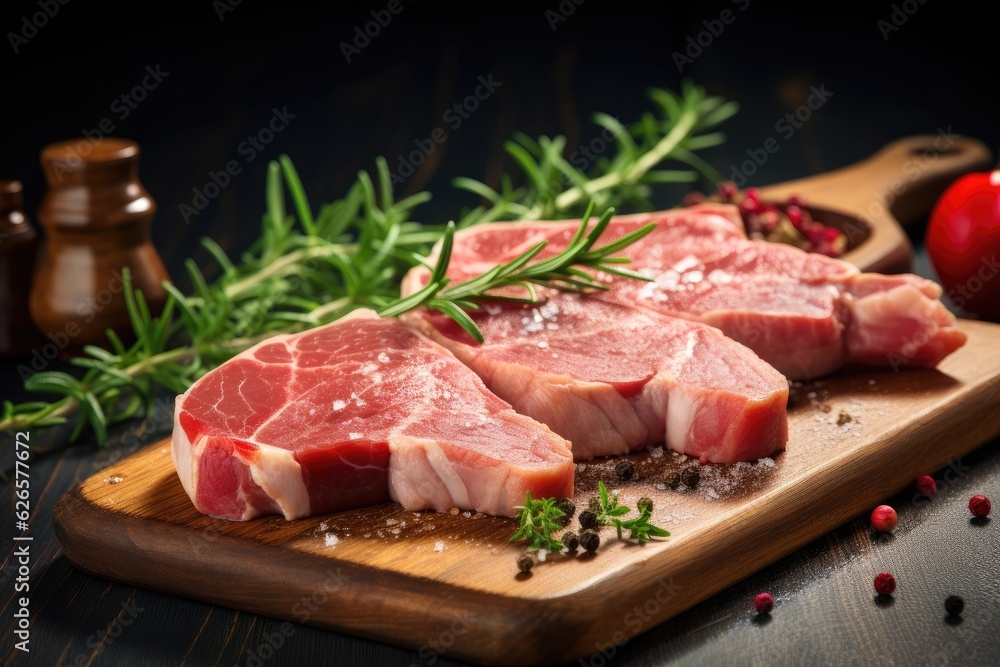 Fresh raw pork chops on a cutting board.