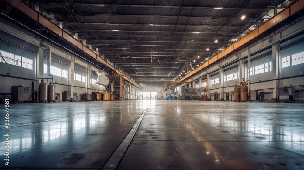 Empty of modern factory for manufacturing production plant or large warehouse. Generative Ai Empty of modern factory for manufacturing production plant or large warehouse. Generative Ai