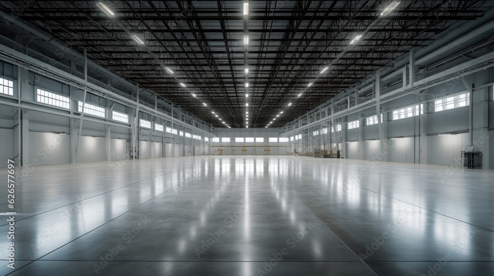 Empty of Modern factory for manufacturing production plant or large warehouse. Polished concrete floor clean condition and space for industry product. Generative Ai