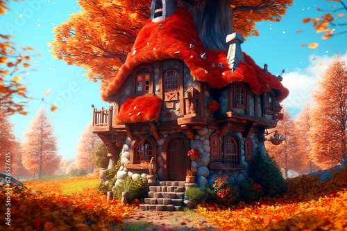 Cute fairytale tree house in autumn forest, small building with windows and red grass roof