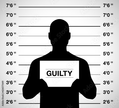 Guilty man mugshot, vector illustration. Anonymous man standing on a criminal photo shooting background.