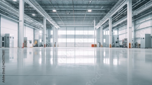 Empty of Modern factory for manufacturing production plant or large warehouse. Polished concrete floor clean condition and space for industry product. Generative Ai