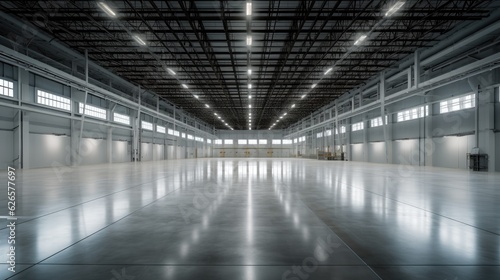 Empty of Modern factory for manufacturing production plant or large warehouse. Polished concrete floor clean condition and space for industry product. Generative Ai