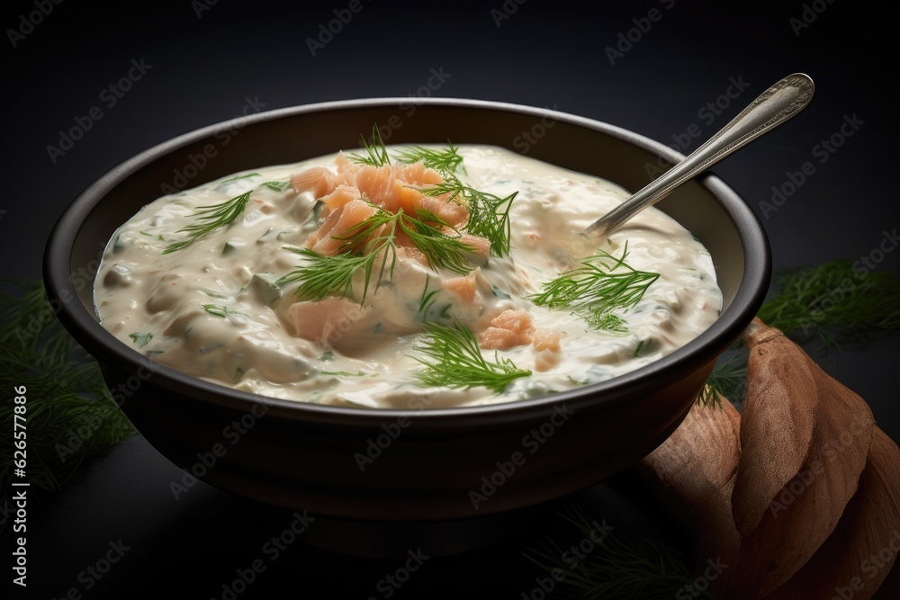 Bowl filled with cream made by tuna fish, butter and onion.
